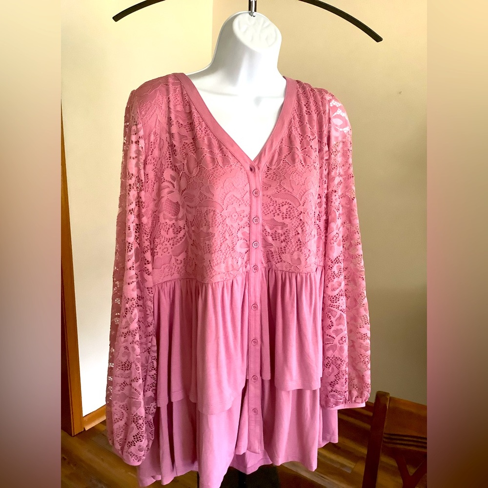 torrid Pink Lace Button-Front Peplum Blouse